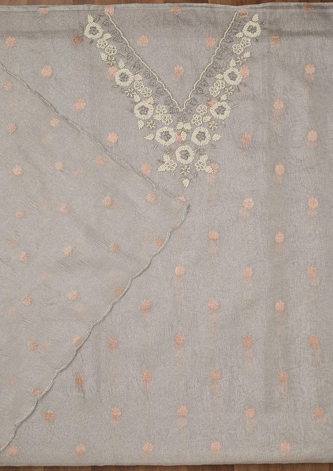 Grey Stonework Tissue Unstitched Salwar Suit-Koskii