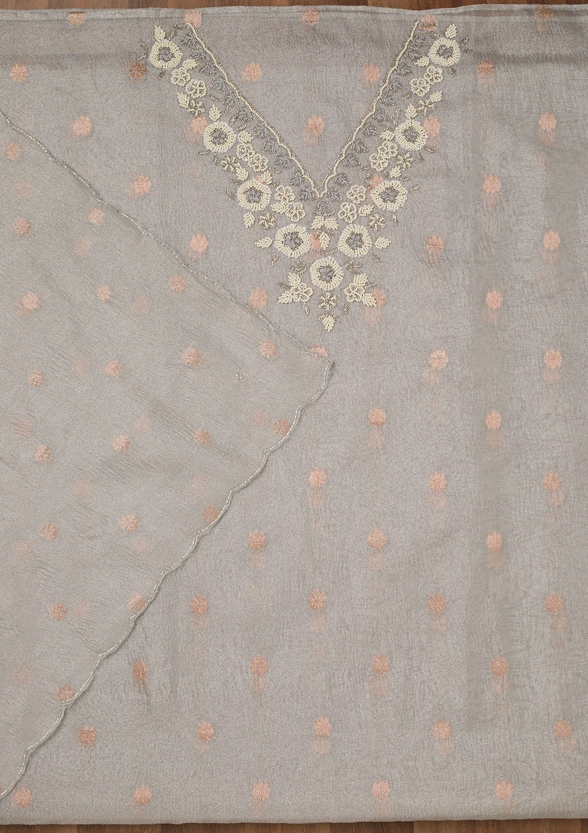 Grey Stonework Tissue Unstitched Salwar Suit-Koskii