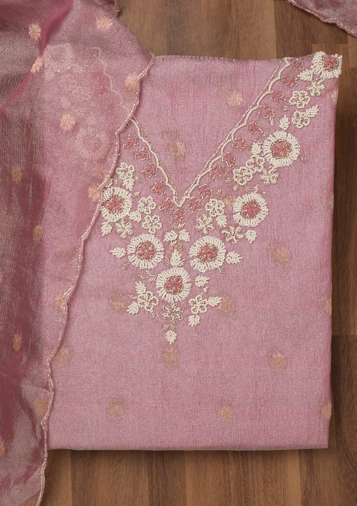 Pink Stonework Tissue Unstitched Salwar Suit-Koskii