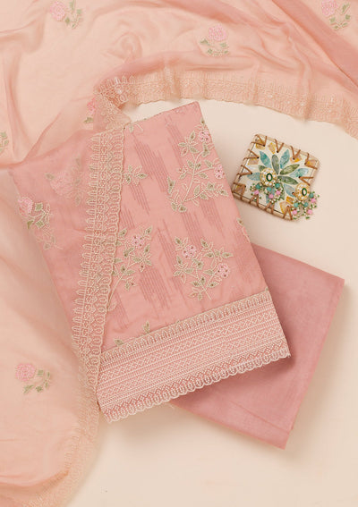 Peach Threadwork Georgette Unstitched Salwar Suit-Koskii