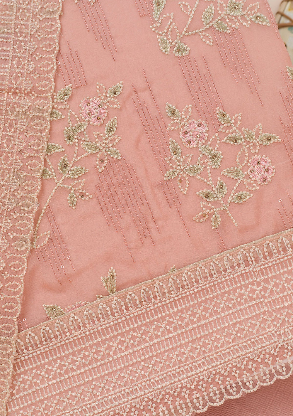 Peach Threadwork Georgette Unstitched Salwar Suit-Koskii