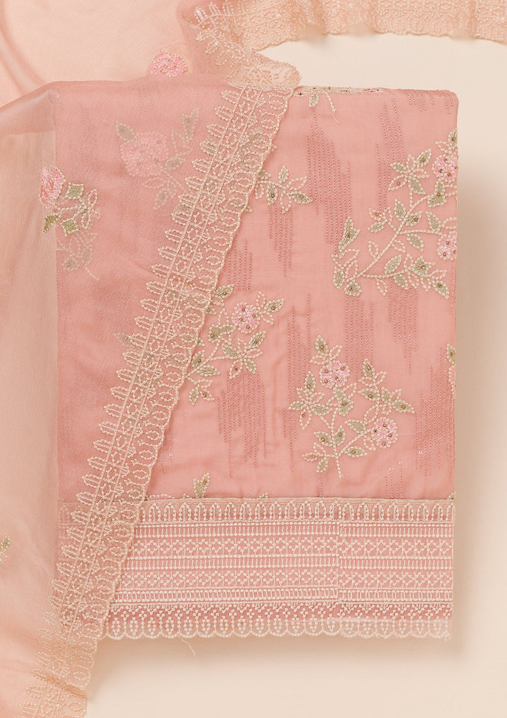 Peach Threadwork Georgette Unstitched Salwar Suit-Koskii