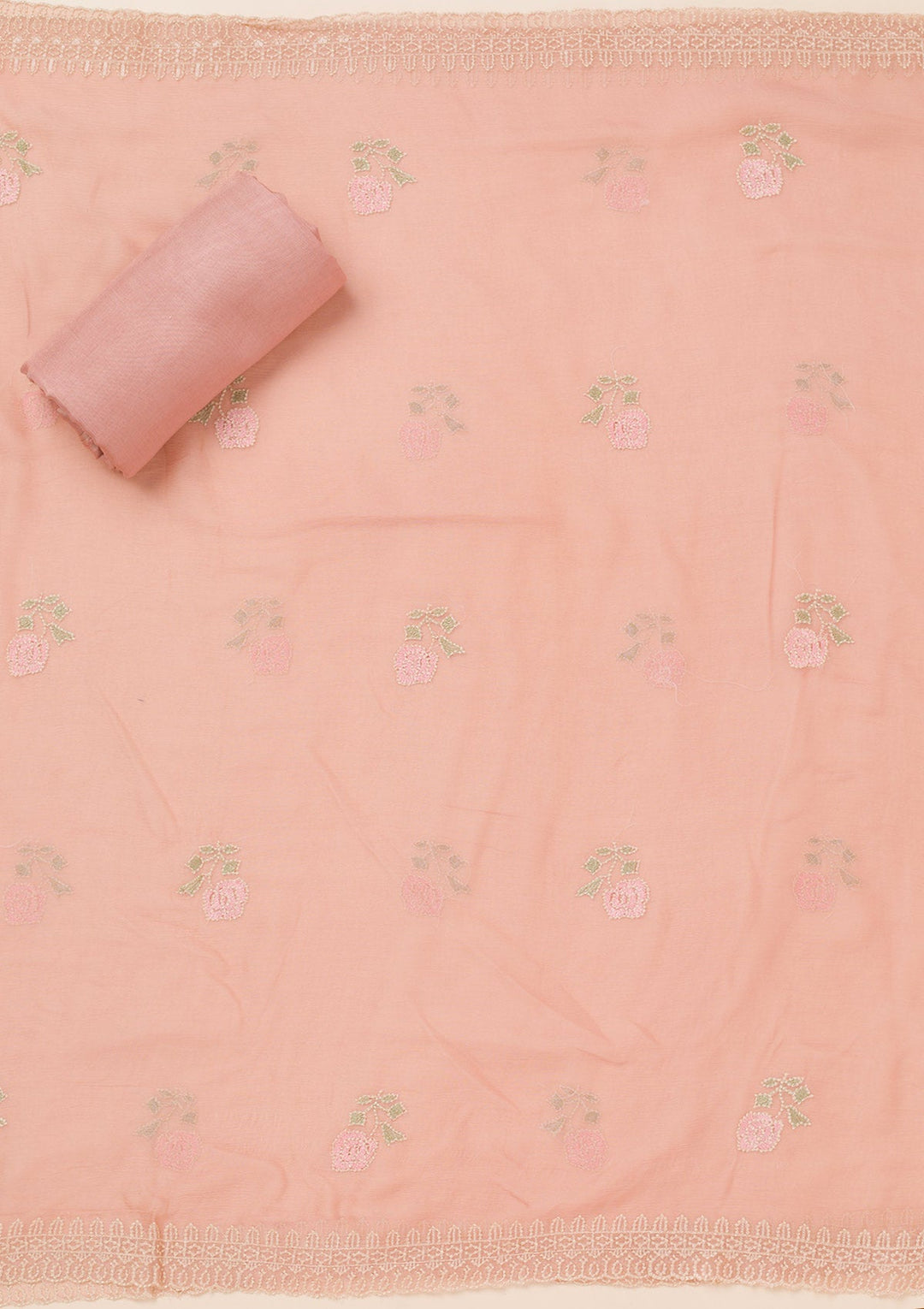 Peach Threadwork Georgette Unstitched Salwar Suit-Koskii