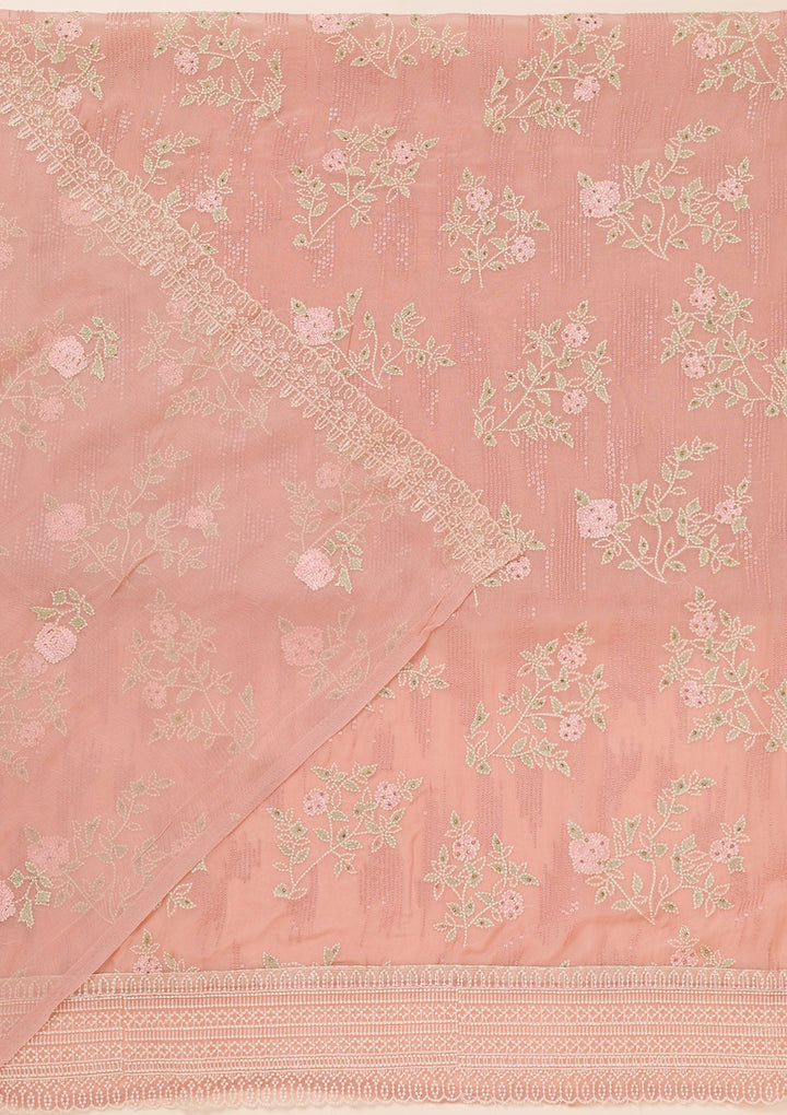 Peach Threadwork Georgette Unstitched Salwar Suit-Koskii