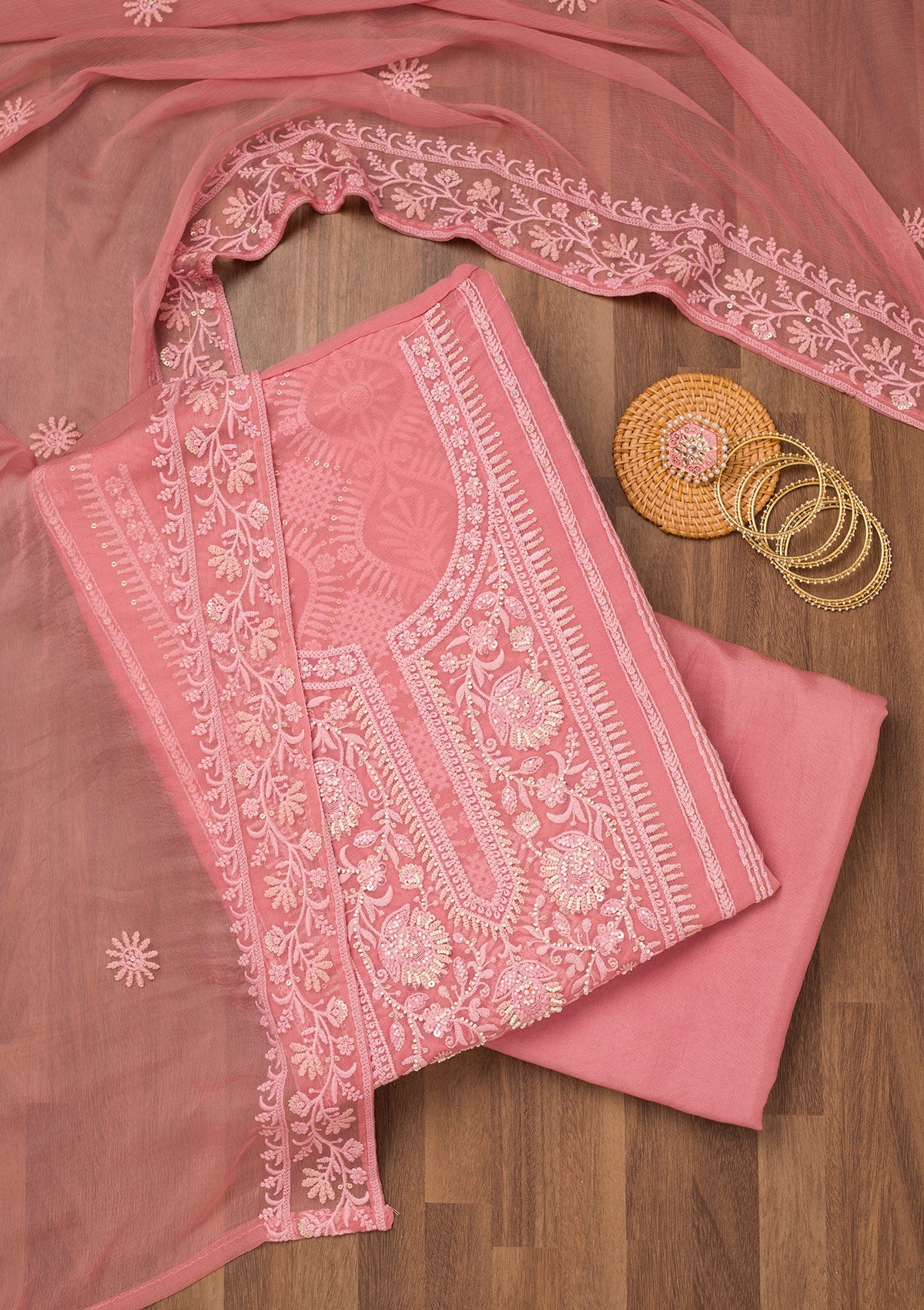 Peach Chikankari Georgette Unstitched Salwar Suit-Koskii