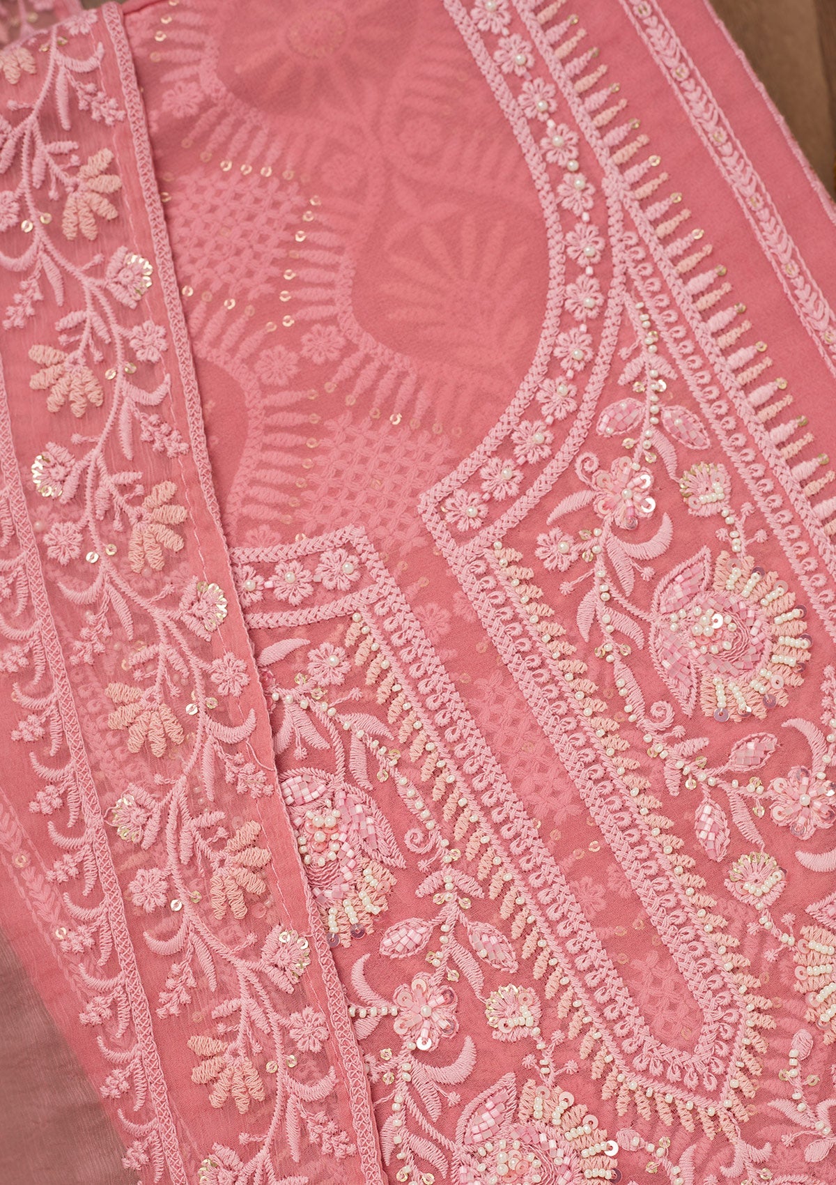 Peach Chikankari Georgette Unstitched Salwar Suit-Koskii