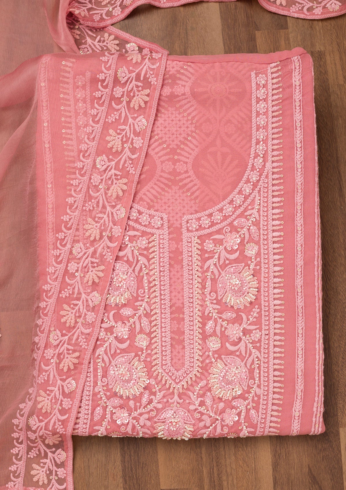 Peach Chikankari Georgette Unstitched Salwar Suit-Koskii