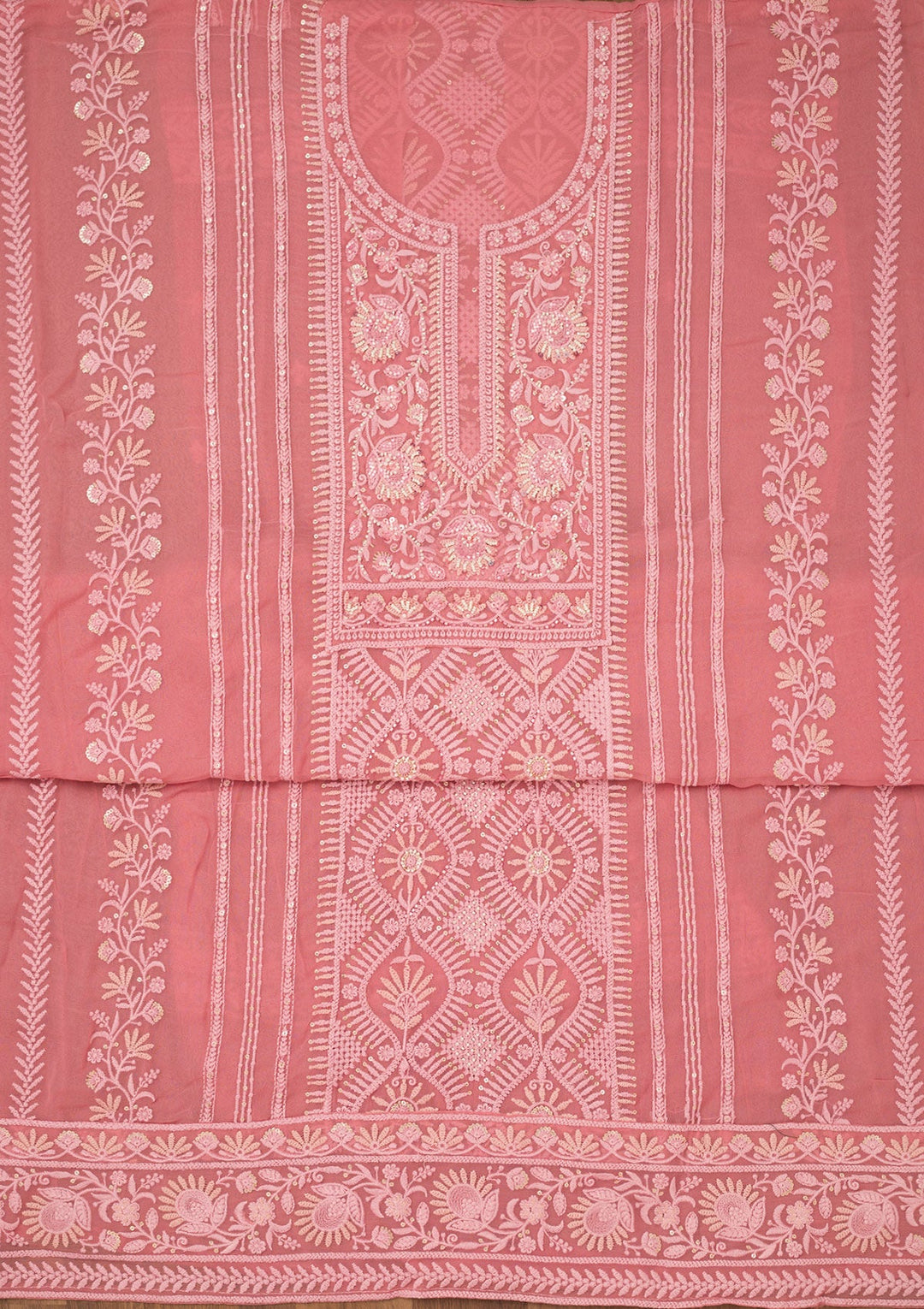 Peach Chikankari Georgette Unstitched Salwar Suit-Koskii