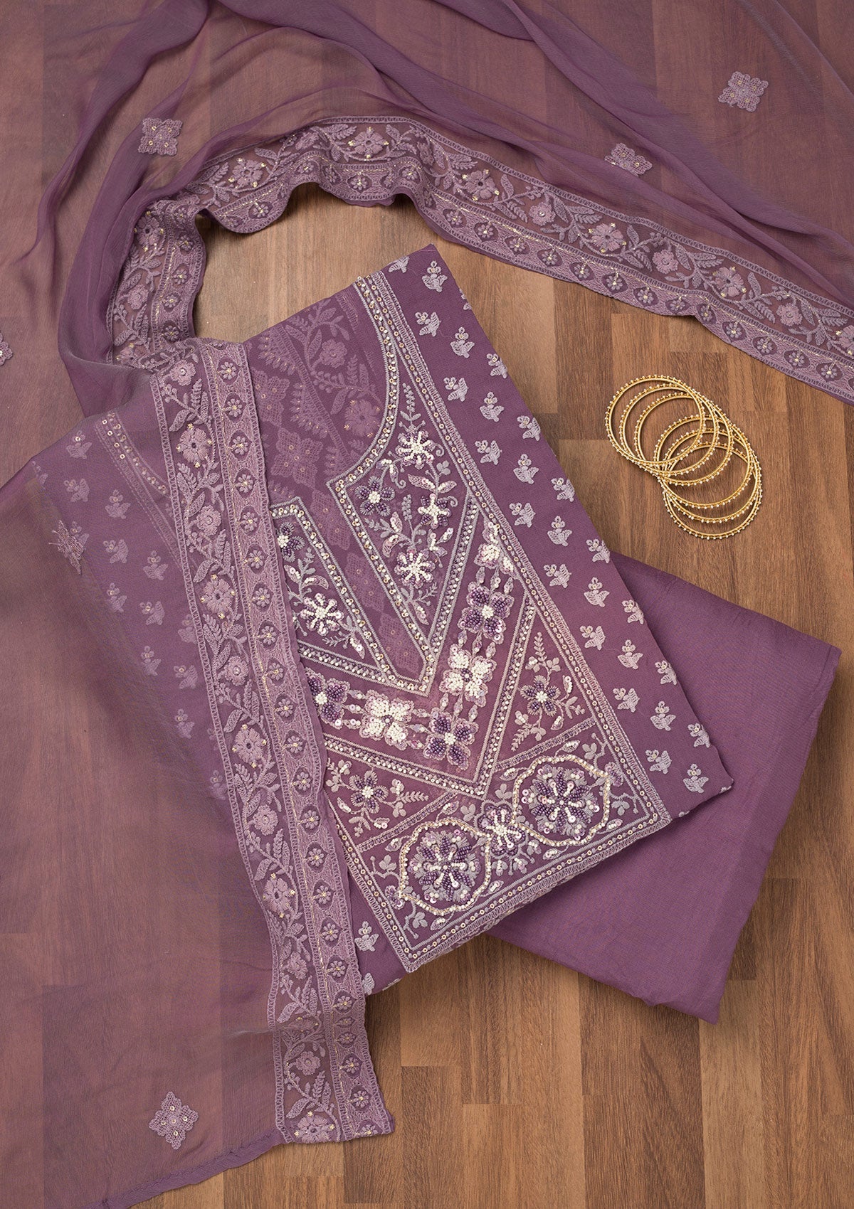 Mauve Chikankari Georgette Unstitched Salwar Suit-Koskii