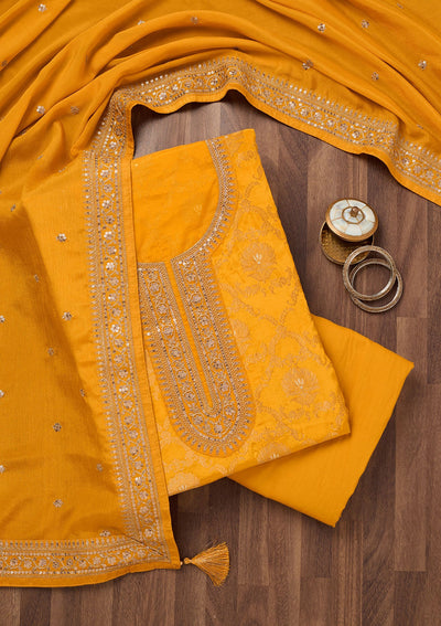 Yellow Zariwork Tissue Unstitched Salwar Suit-Koskii