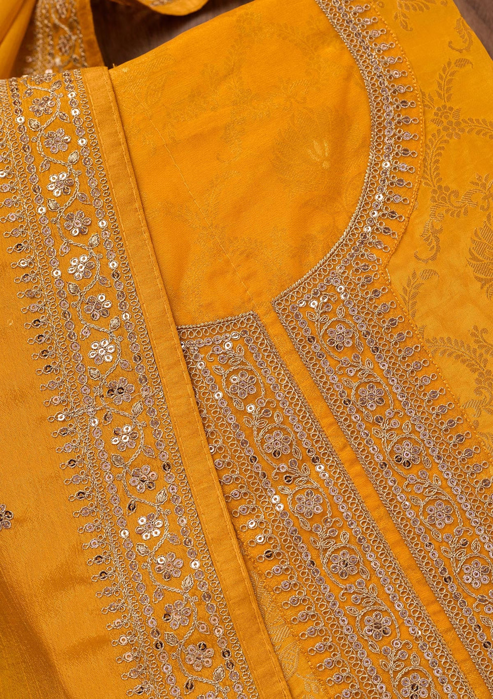 Yellow Zariwork Tissue Unstitched Salwar Suit-Koskii