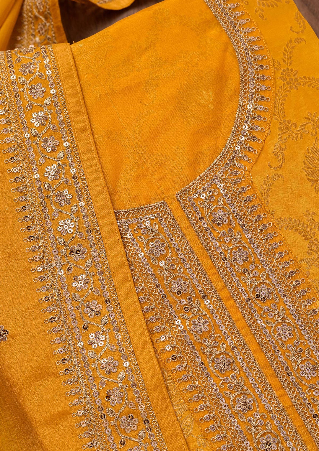 Yellow Zariwork Tissue Unstitched Salwar Suit-Koskii