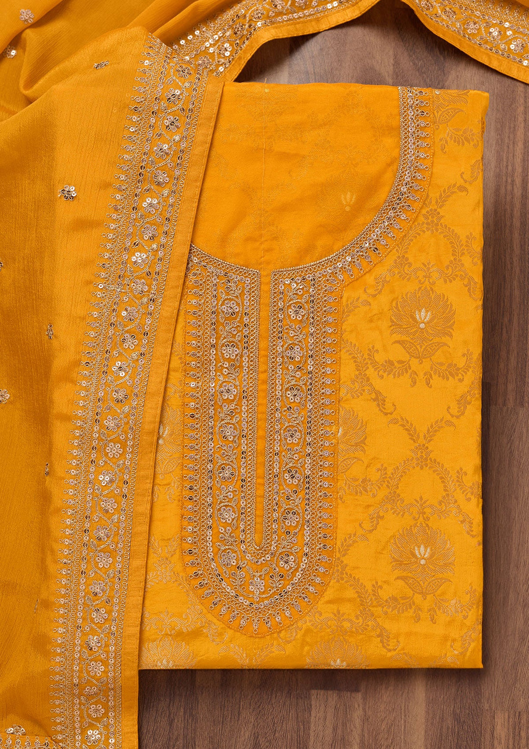 Yellow Zariwork Tissue Unstitched Salwar Suit-Koskii