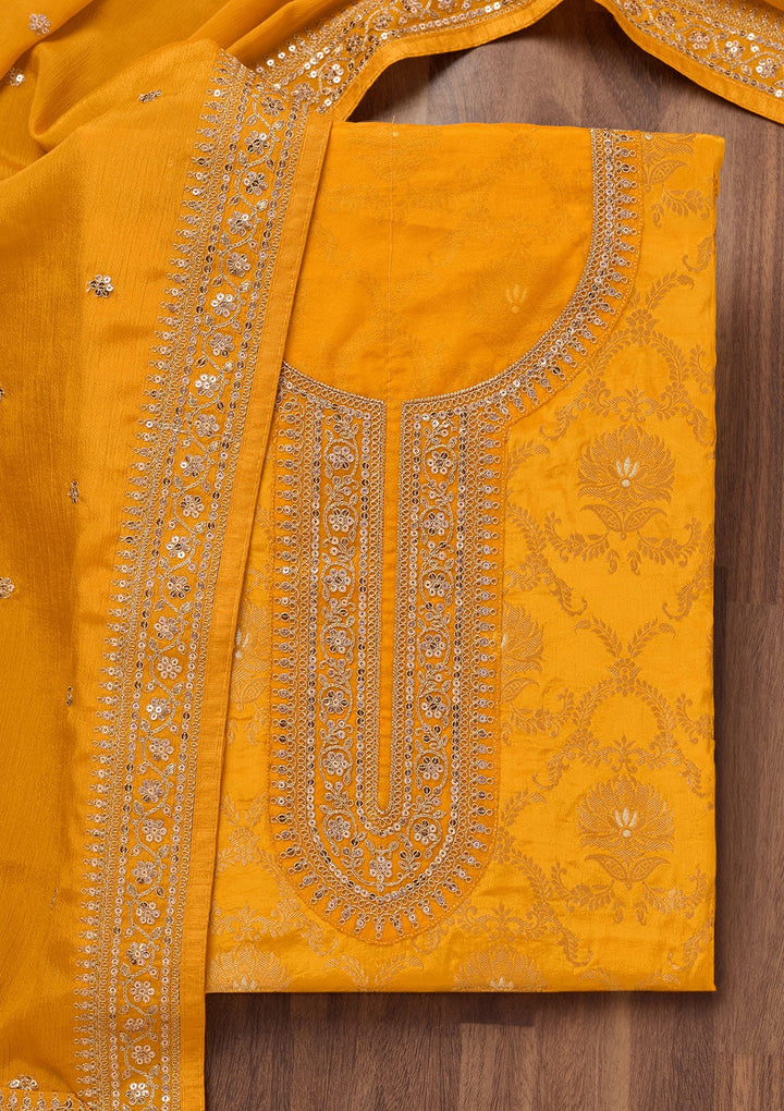 Yellow Zariwork Tissue Unstitched Salwar Suit-Koskii
