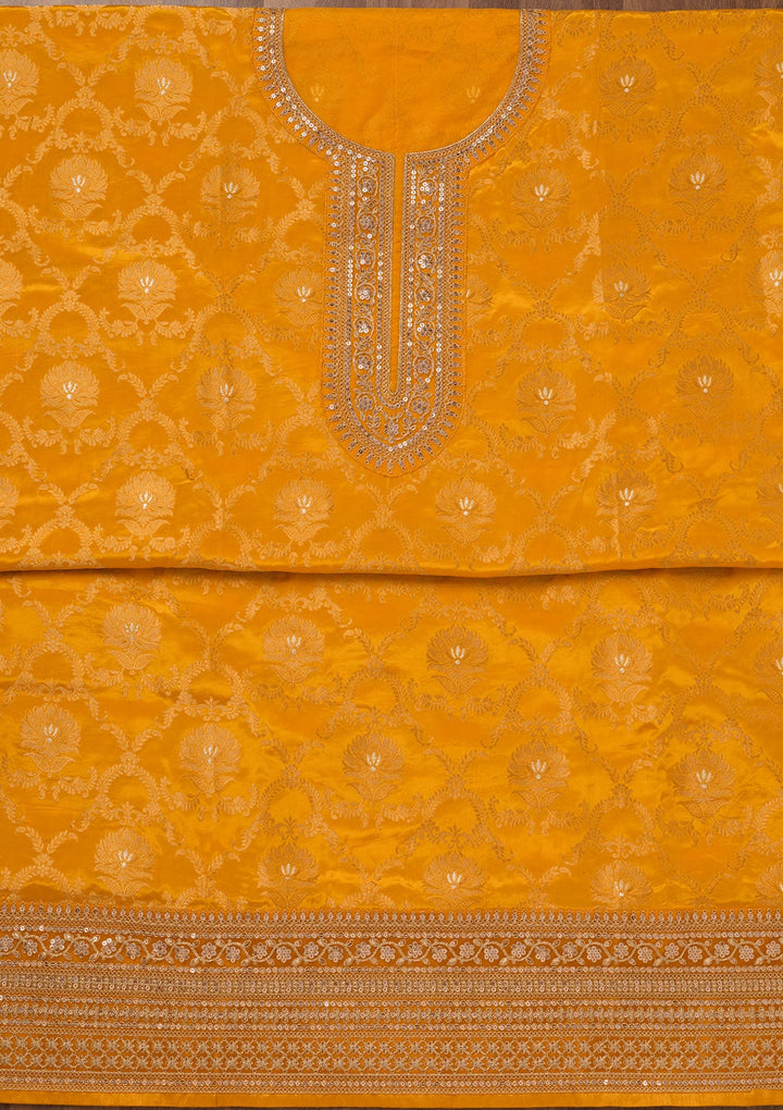 Yellow Zariwork Tissue Unstitched Salwar Suit-Koskii