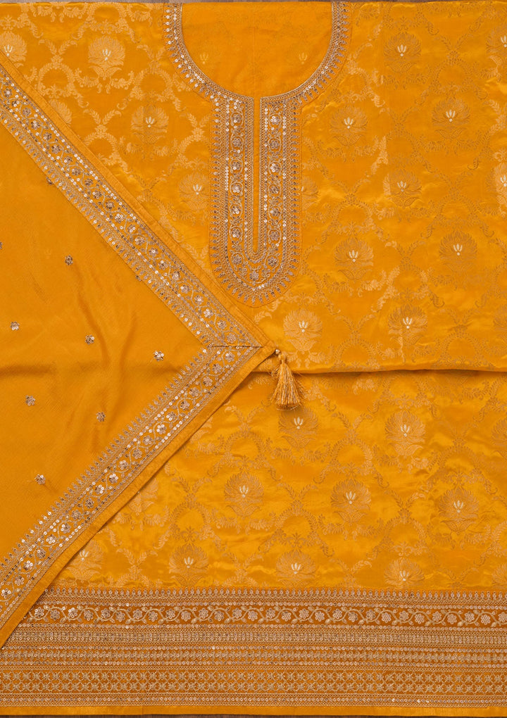 Yellow Zariwork Tissue Unstitched Salwar Suit-Koskii