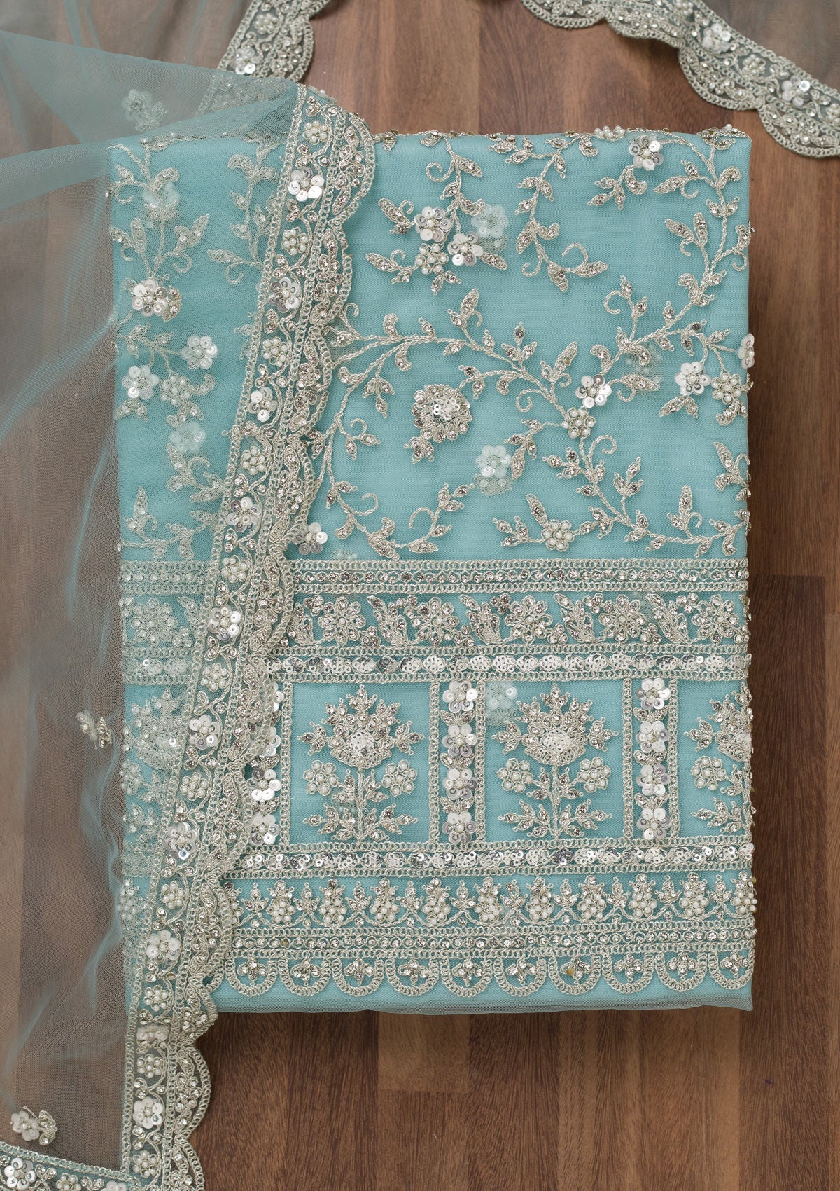 Sky Blue Stonework Net Unstitched Salwar Suit-Koskii