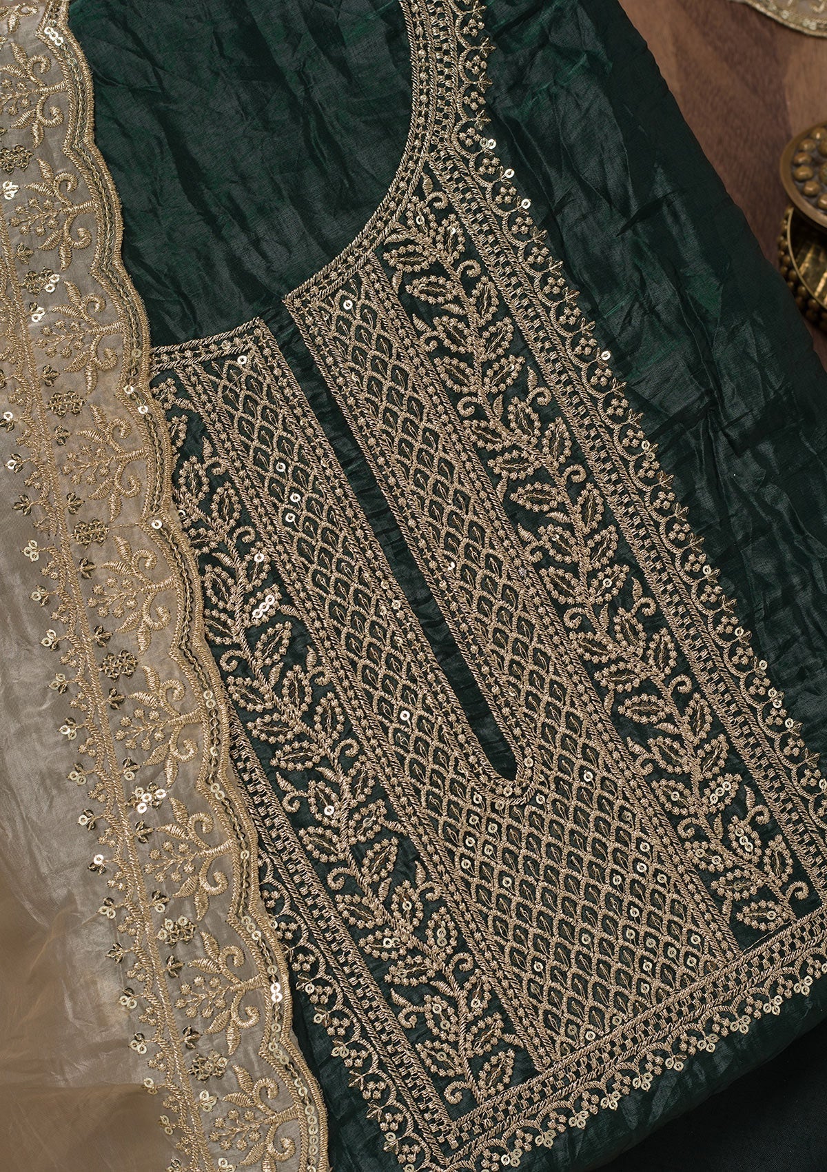 Peacock Green Threadwork Tissue Unstitched Salwar Suit-Koskii