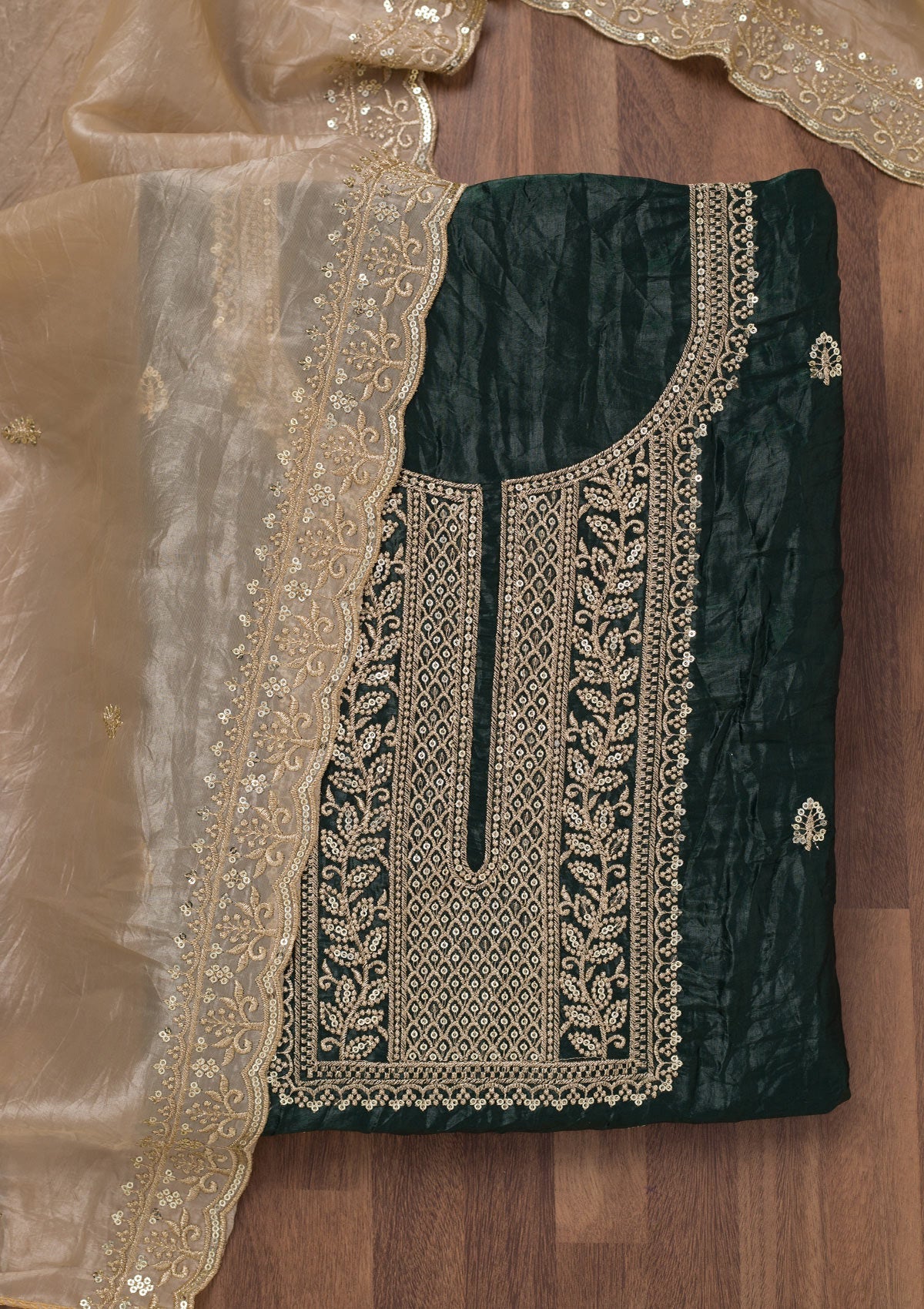 Peacock Green Threadwork Tissue Unstitched Salwar Suit-Koskii