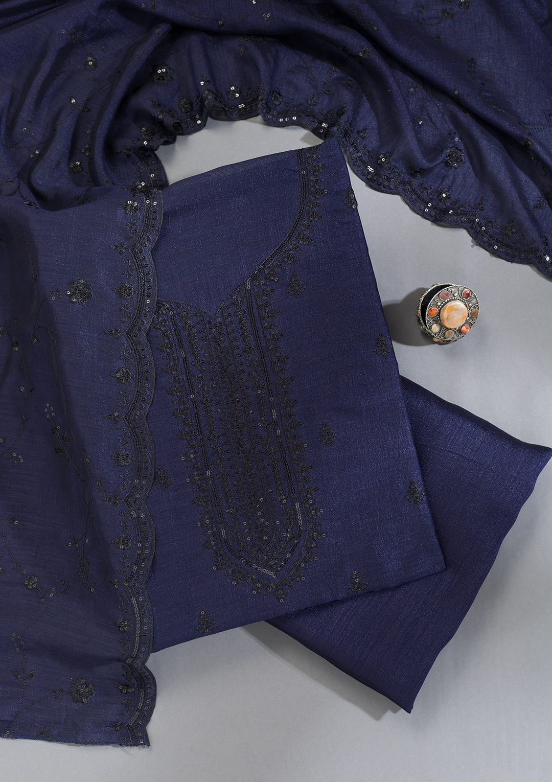 Navy Blue Threadwork Tissue Unstitched Salwar Suit