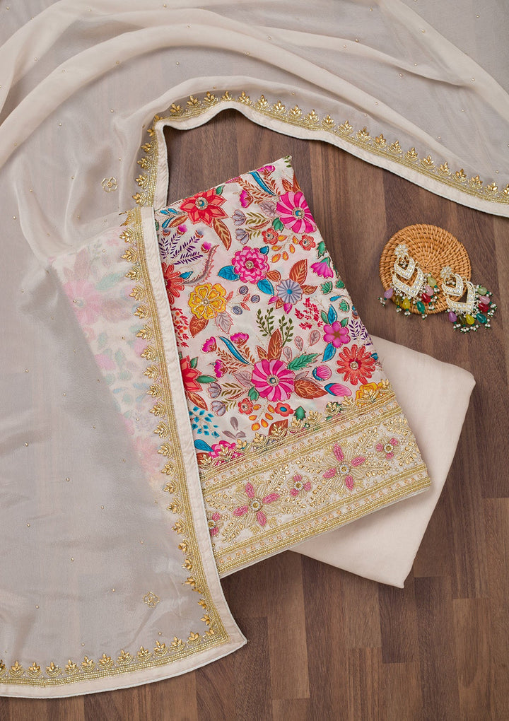 Cream Stonework Semi Crepe Unstitched Salwar Suit-Koskii