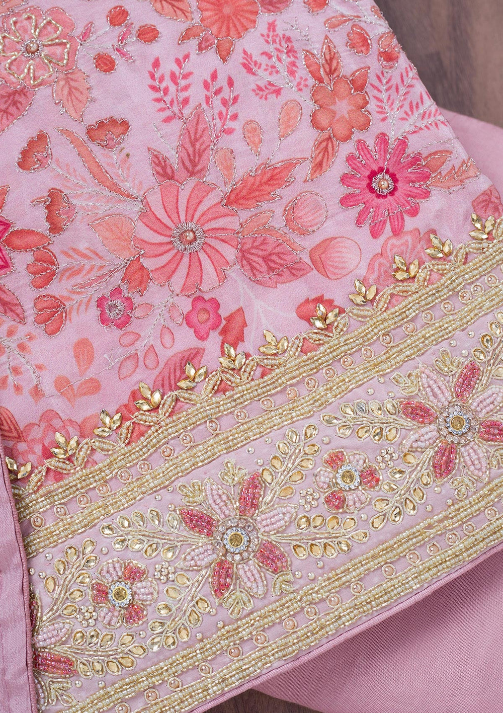 Peach Stonework Chinon Unstitched Salwar Suit-Koskii