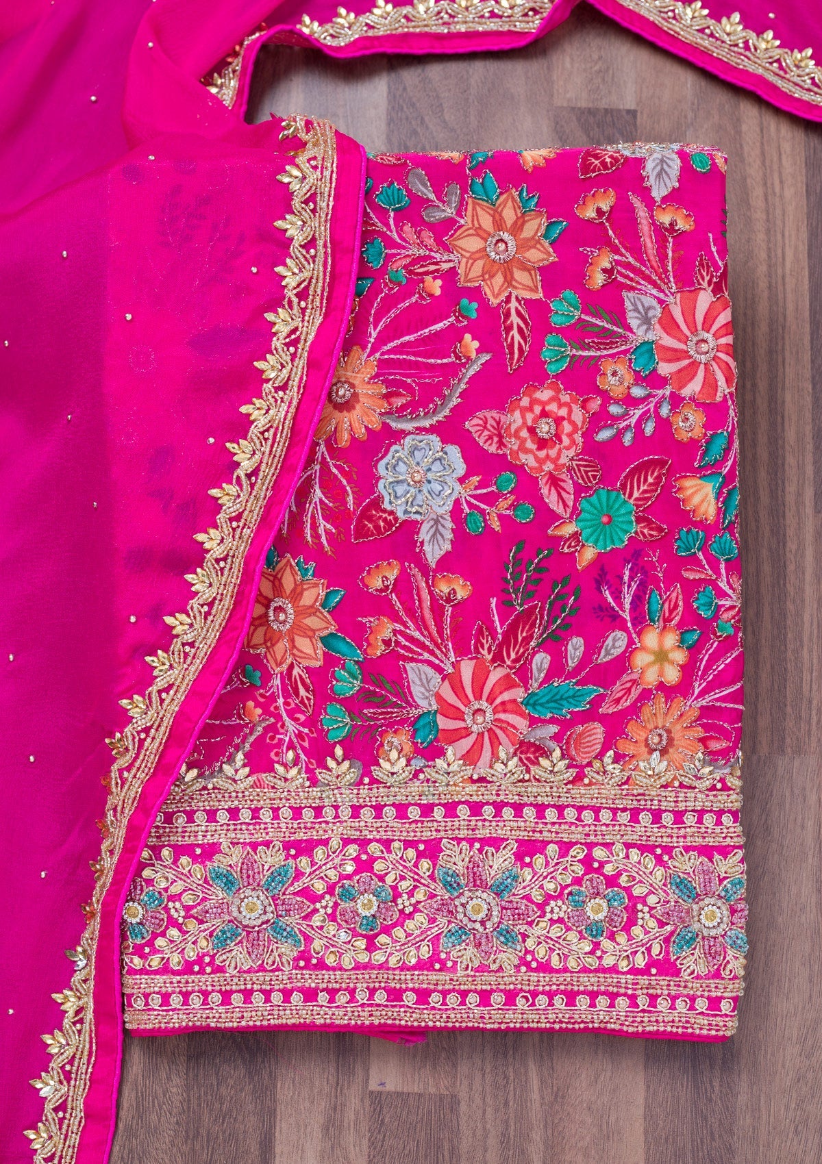 Rani Pink Stonework Chinon Unstitched Salwar Suit-Koskii