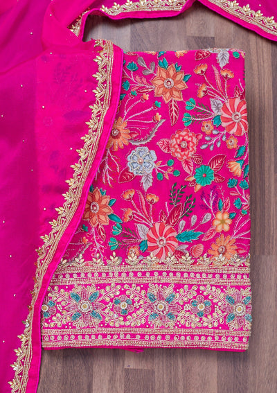Rani Pink Stonework Chinon Unstitched Salwar Suit-Koskii