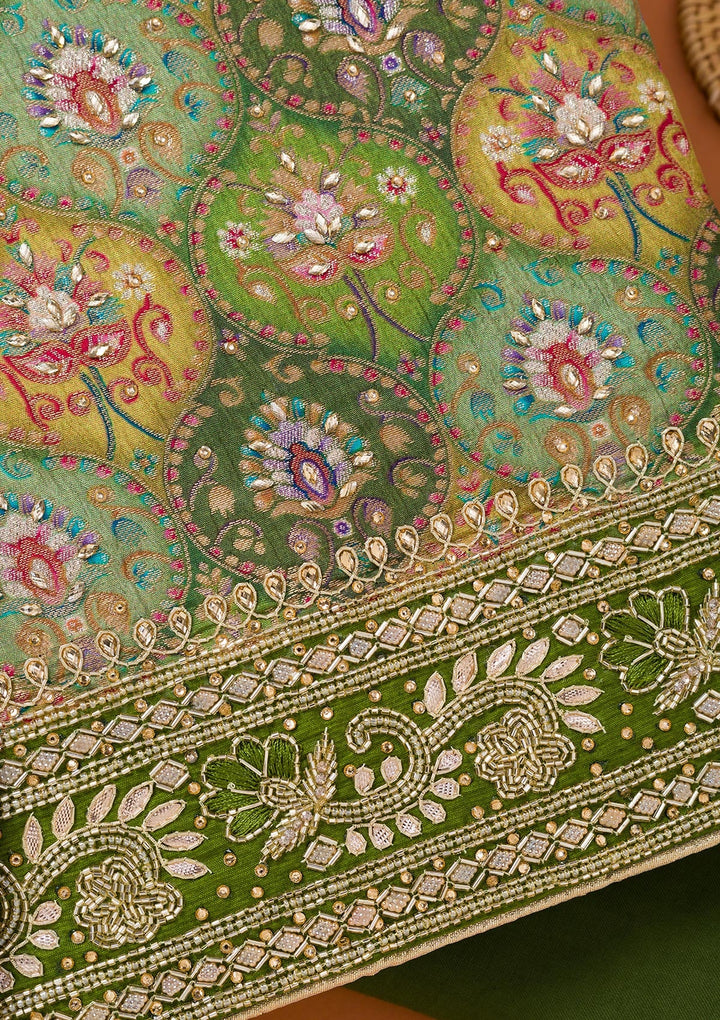 Bottle Green Stonework Semi Crepe Unstitched Salwar Suit-Koskii