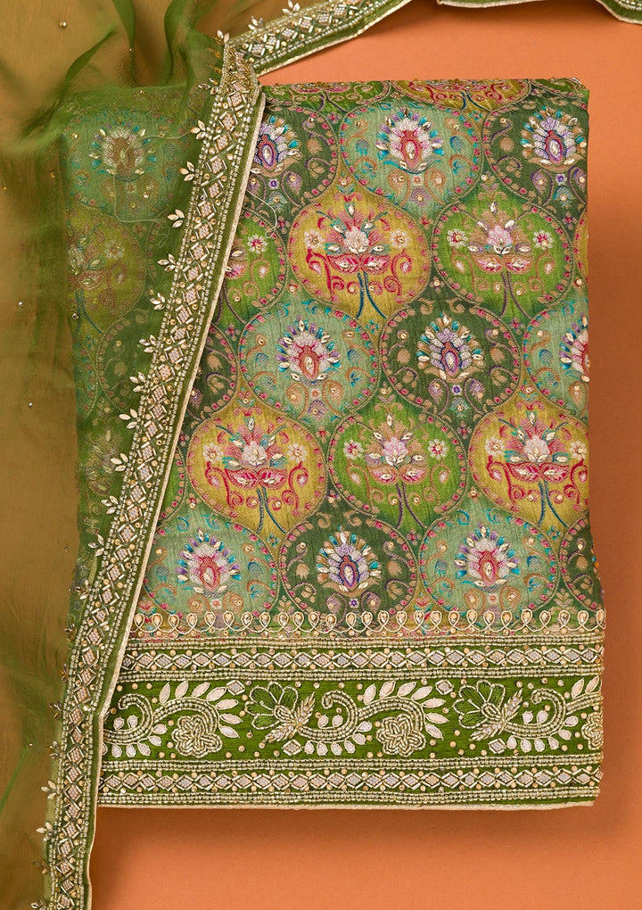 Bottle Green Stonework Semi Crepe Unstitched Salwar Suit-Koskii