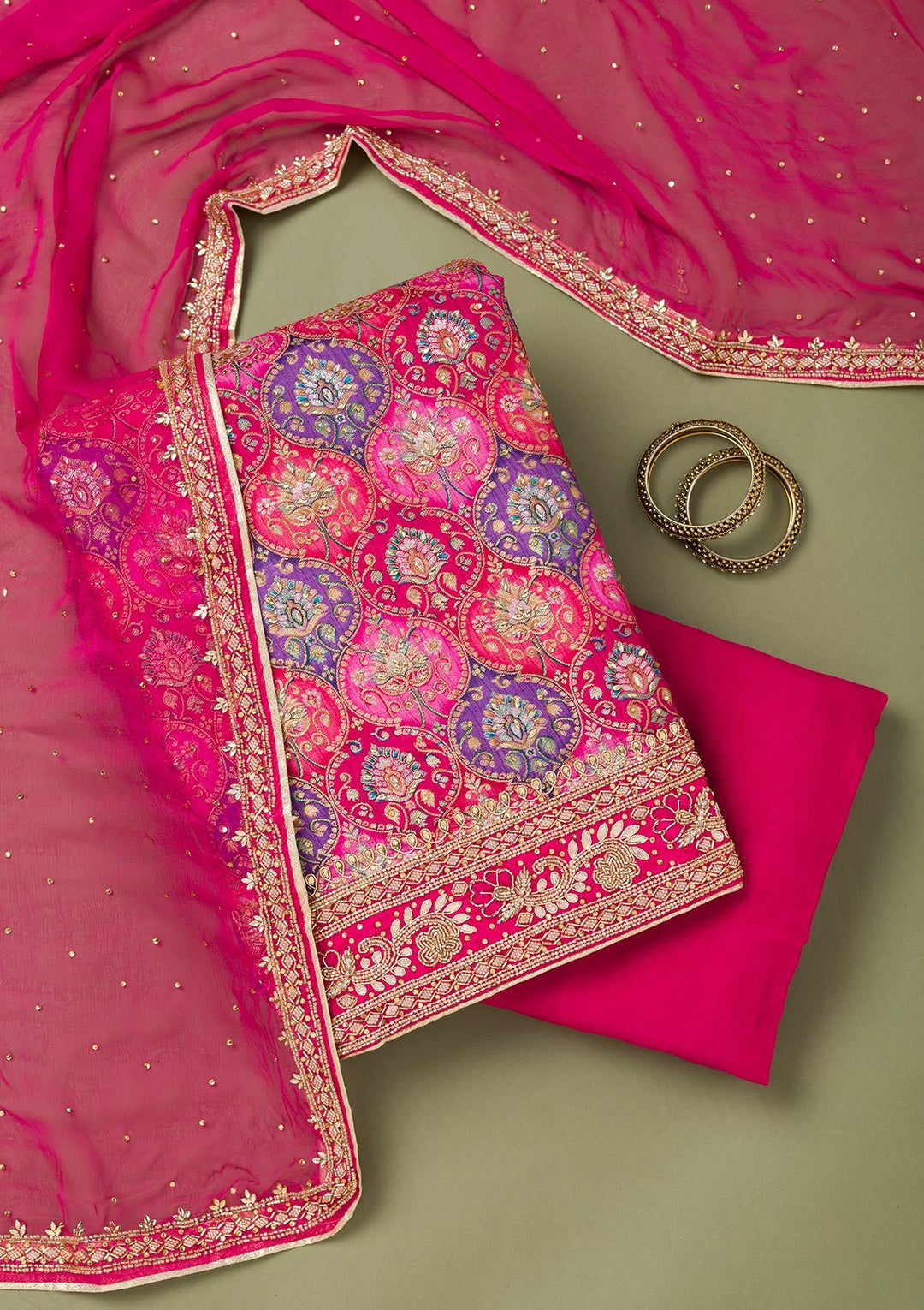 Rani Pink Stonework Semi Crepe Unstitched Salwar Suit-Koskii