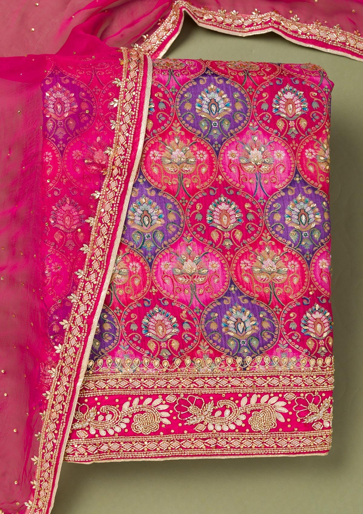 Rani Pink Stonework Semi Crepe Unstitched Salwar Suit-Koskii