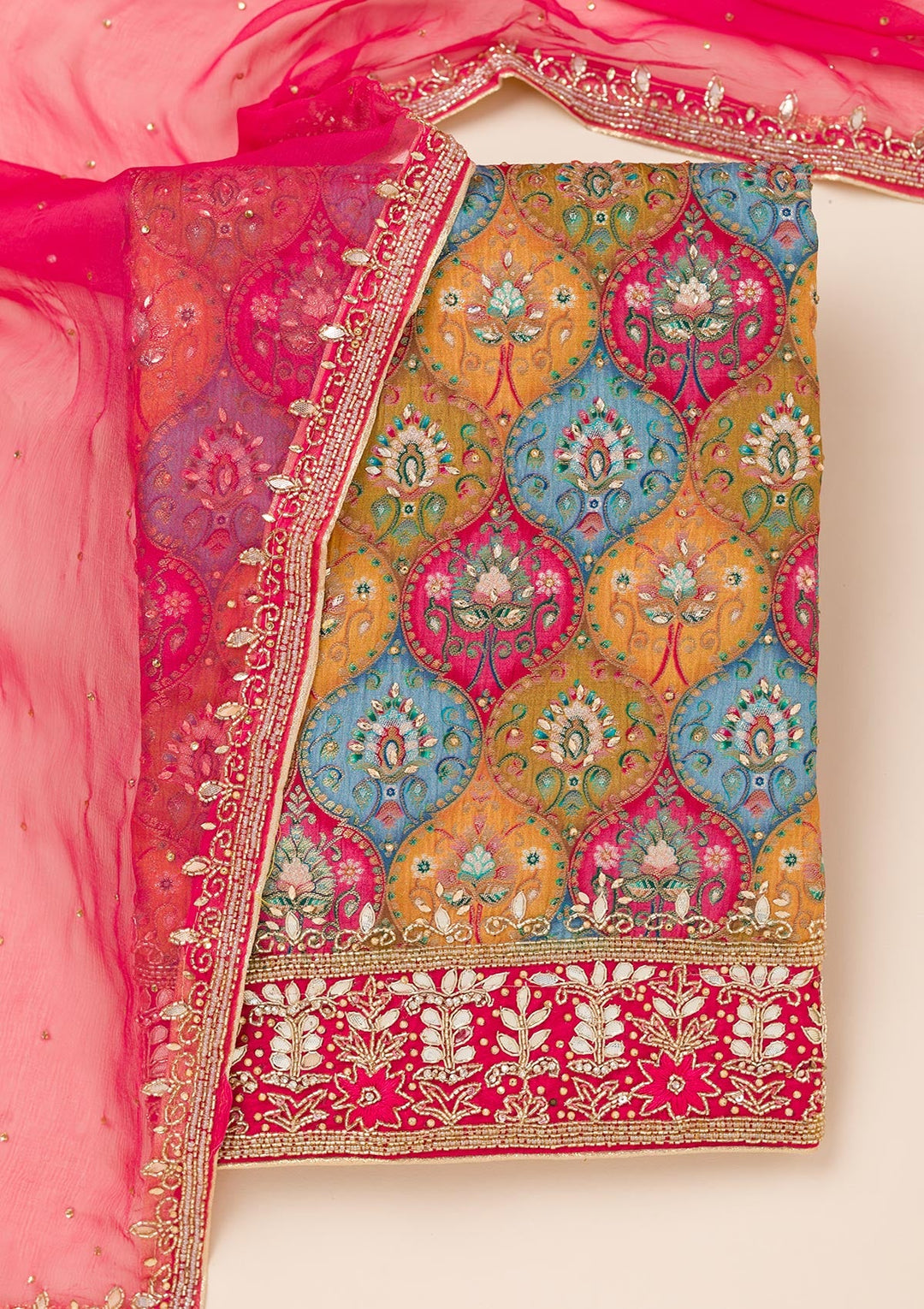 Mustard Stonework Semi Crepe Unstitched Salwar Suit-Koskii