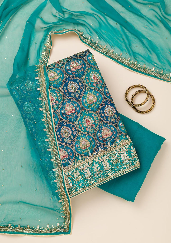 Peacock Blue Stonework Semi Crepe Unstitched Salwar Suit-Koskii