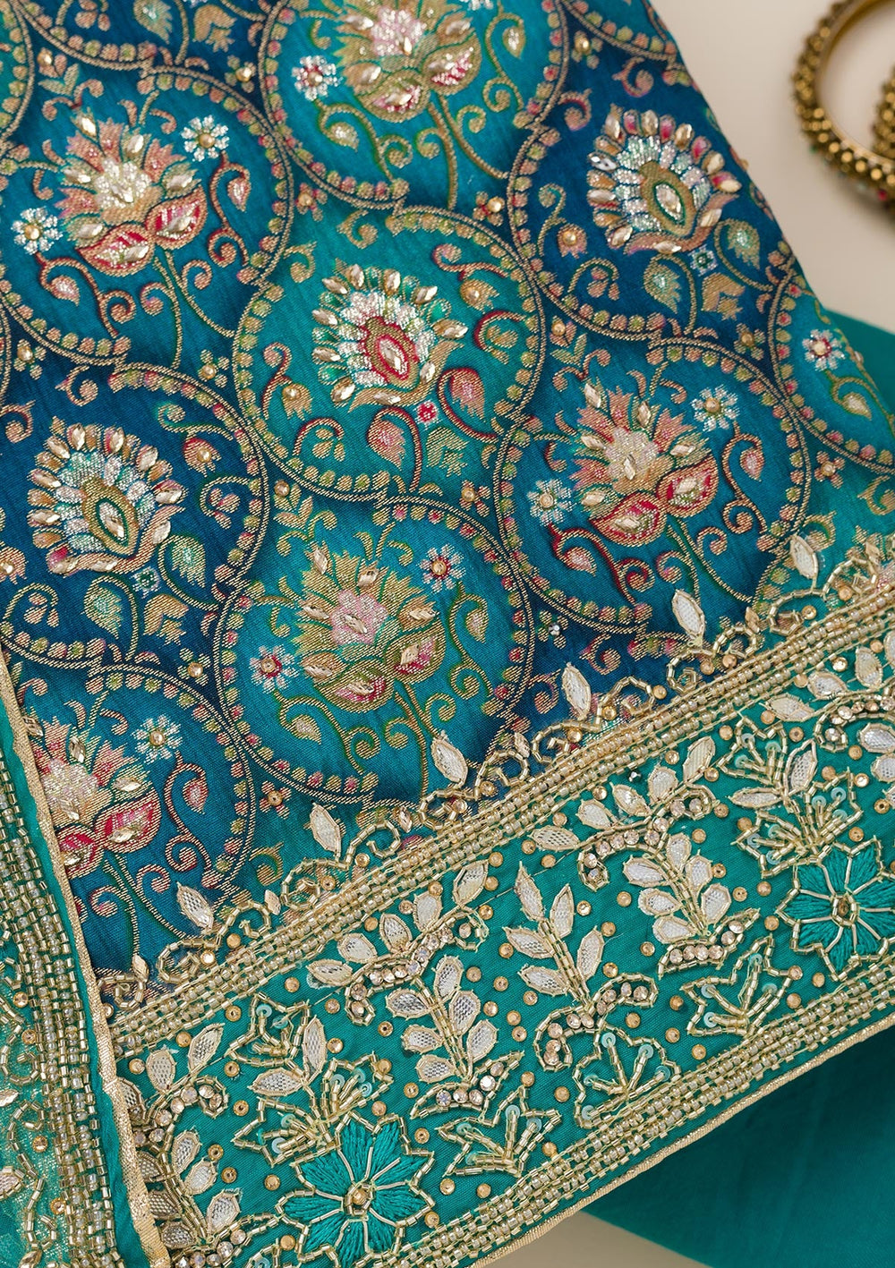 Peacock Blue Stonework Semi Crepe Unstitched Salwar Suit-Koskii