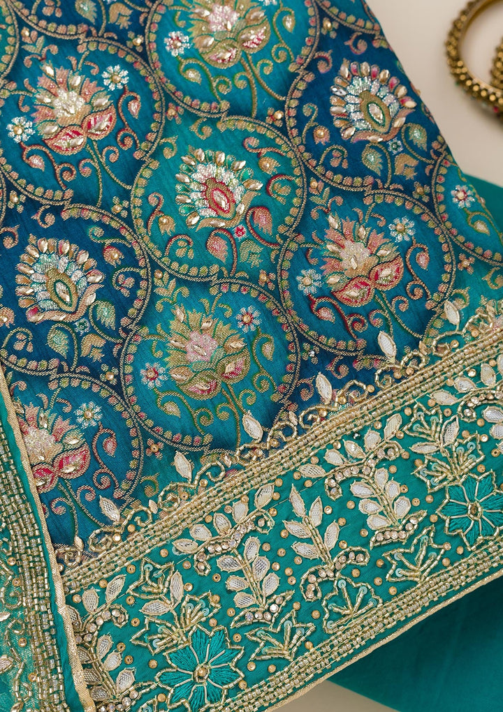 Peacock Blue Stonework Semi Crepe Unstitched Salwar Suit-Koskii