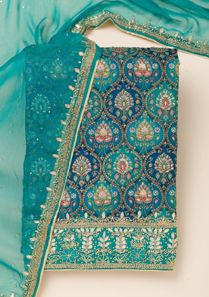 Peacock Blue Stonework Semi Crepe Unstitched Salwar Suit-Koskii