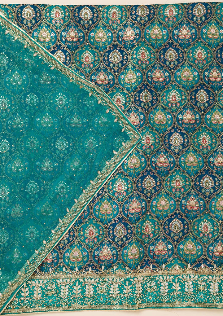 Peacock Blue Stonework Semi Crepe Unstitched Salwar Suit-Koskii