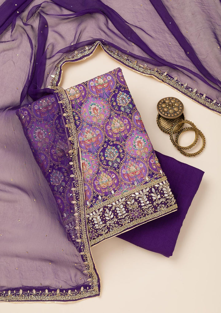 Purple Stonework Semi Crepe Unstitched Salwar Suit-Koskii