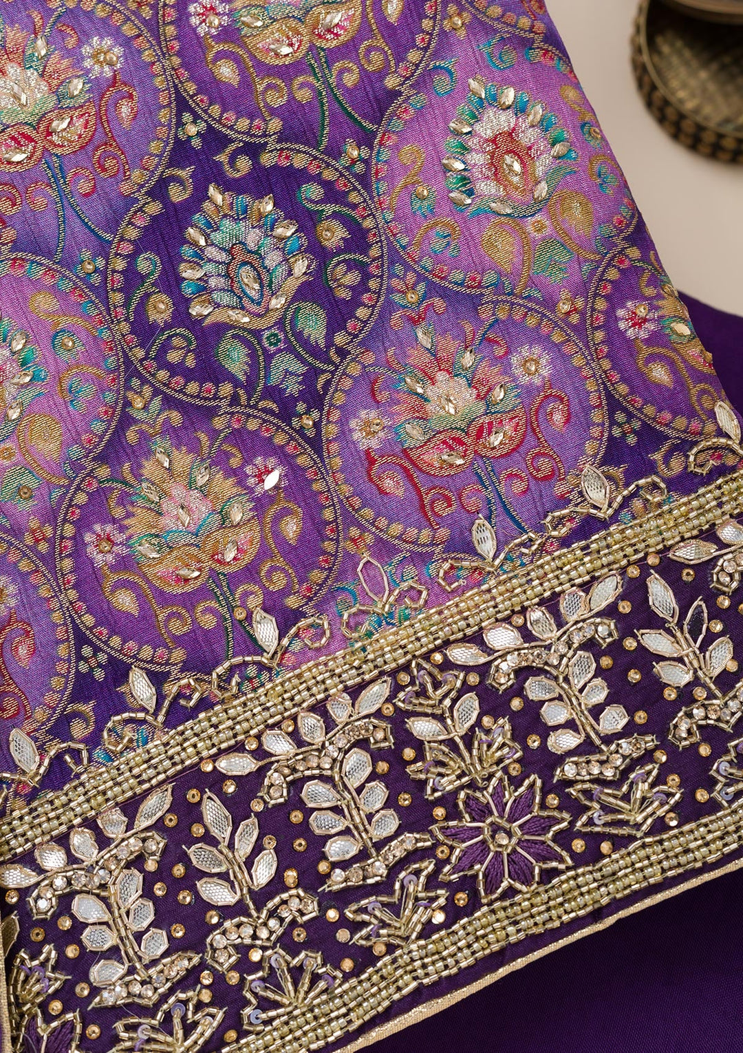 Purple Stonework Semi Crepe Unstitched Salwar Suit-Koskii