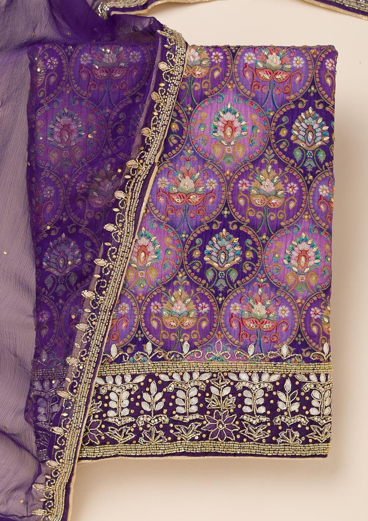Purple Stonework Semi Crepe Unstitched Salwar Suit-Koskii