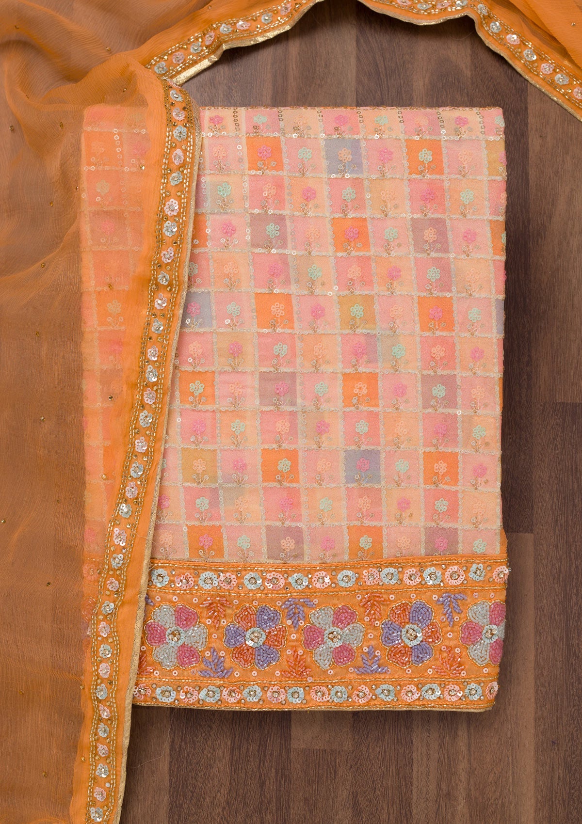 Peach Stonework Georgette Unstitched Salwar Suit-Koskii