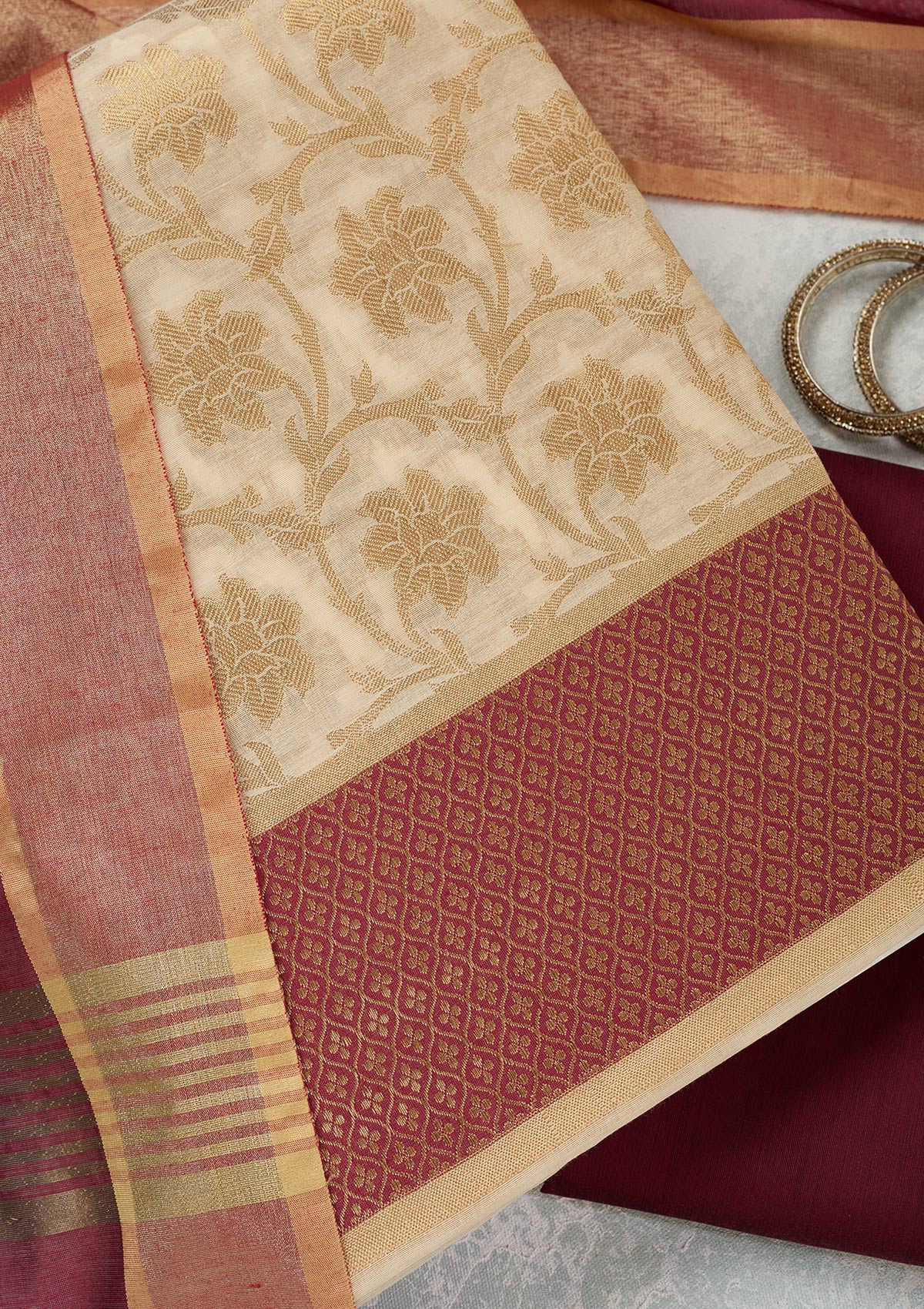 Beige Zariwork (Gold) Banarasi Unstitched Salwar Suit-Koskii