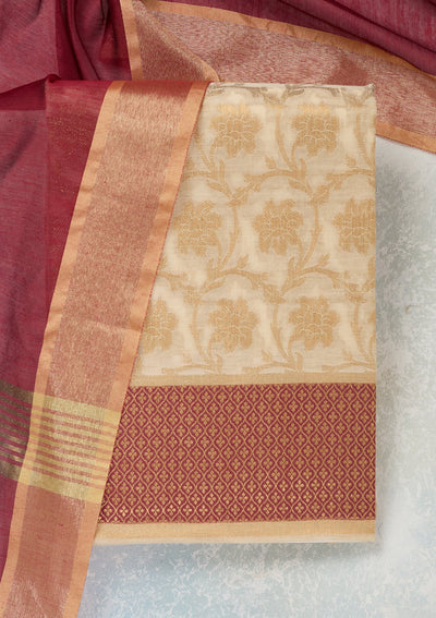 Beige Zariwork (Gold) Banarasi Unstitched Salwar Suit-Koskii