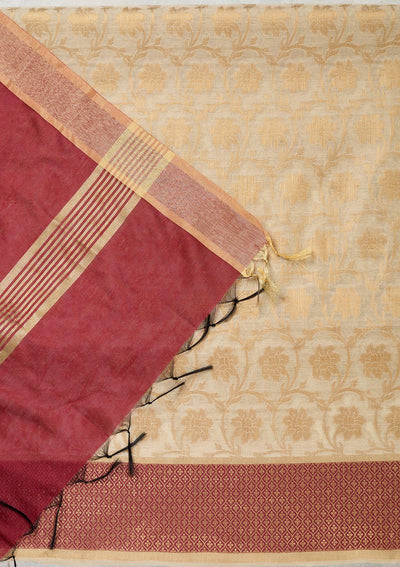 Beige Zariwork (Gold) Banarasi Unstitched Salwar Suit-Koskii
