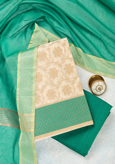 Beige Zariwork (Gold) Banarasi Unstitched Salwar Suit-Koskii
