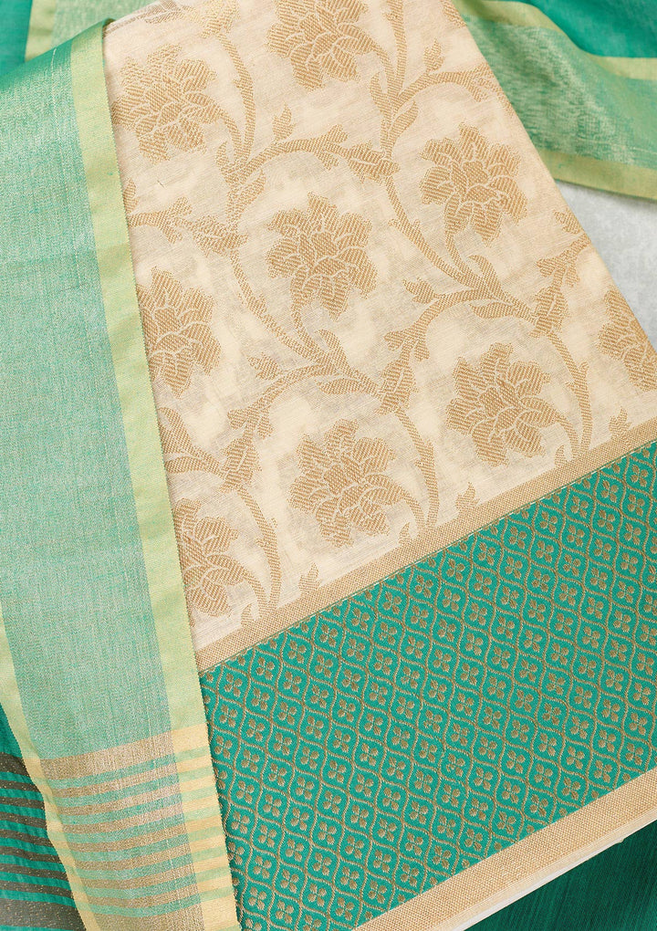 Beige Zariwork (Gold) Banarasi Unstitched Salwar Suit-Koskii