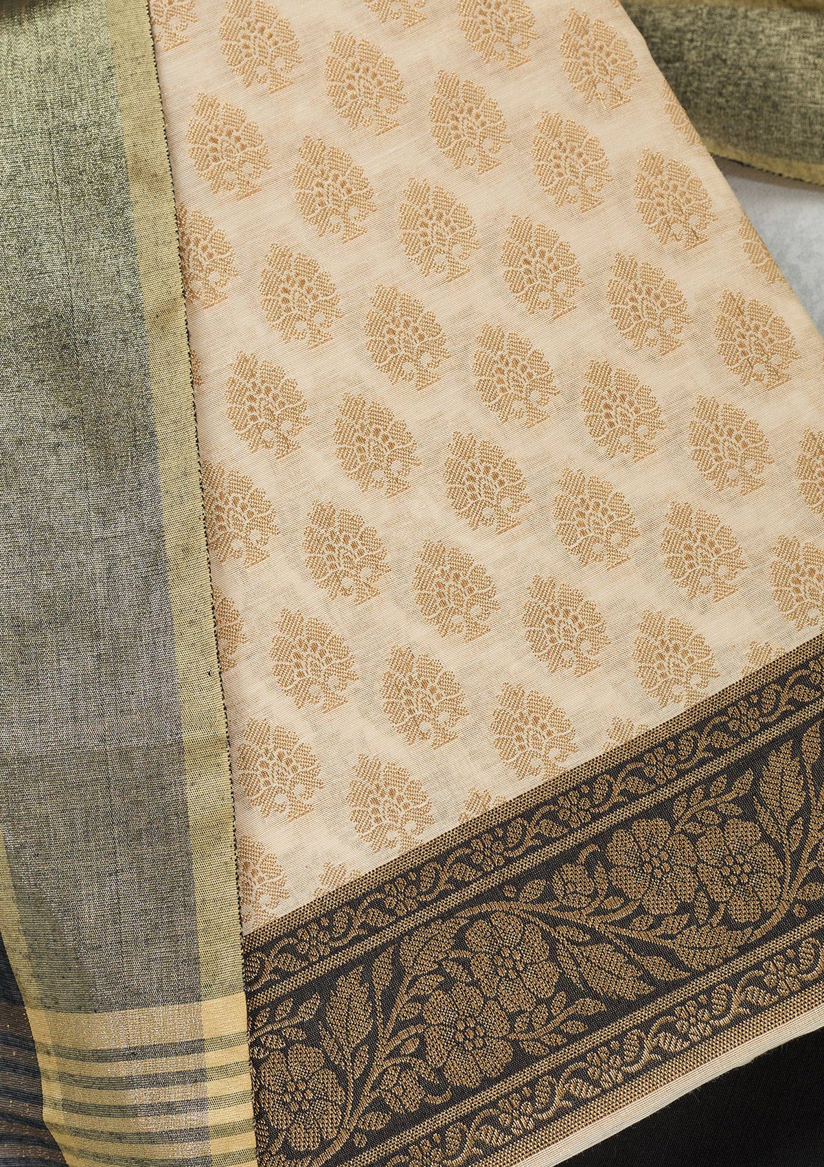 Beige Zariwork (Gold) Banarasi Unstitched Salwar Suit-Koskii