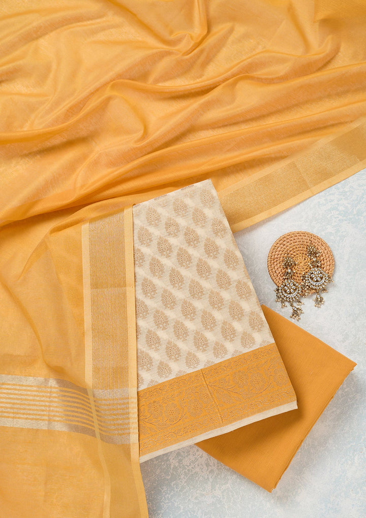 Beige Zariwork (Gold) Banarasi Unstitched Salwar Suit-koskii