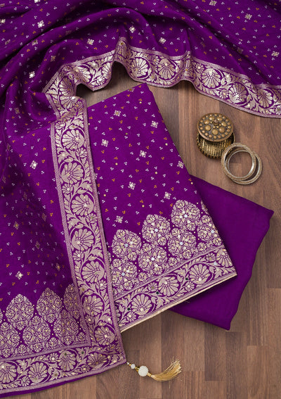 Purple Mirrorwork Semi Crepe Unstitched Salwar Suit-Koskii